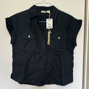 Black Short Sleeve Linen Button-Up Shirt